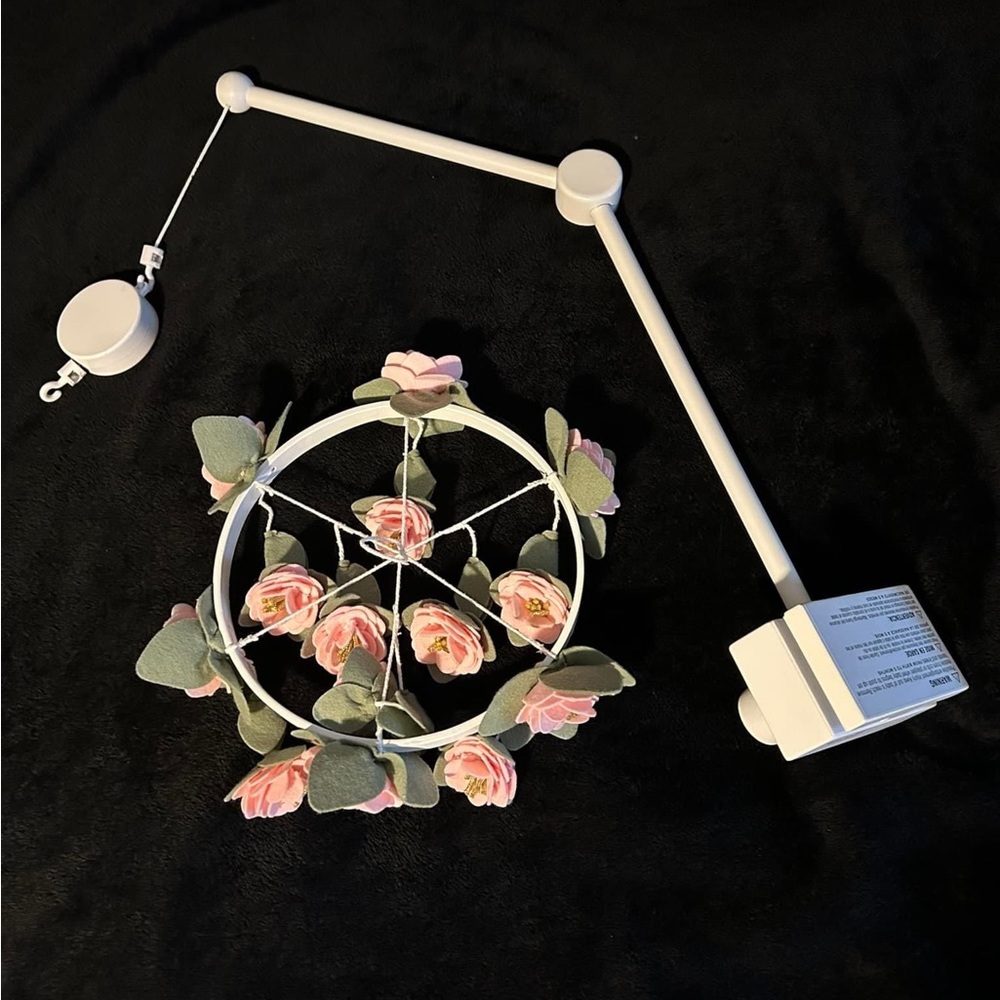 Pottery Barn felted rose musical crib mobile with arm